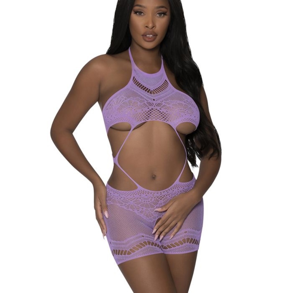 In Pkg Fishnet Halter See Through Bodystocking Short Romper with Cutout Straps